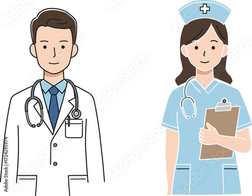 Medical professionals illustration, male doctor, female nurse, healthcare team, stethoscope, clipboard, hospital staff, cartoon style, medical concept, uniform, clinic, nurse cap, white coat