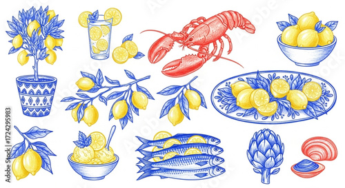 Lemon Orchard Delight A Whimsical Illustration Featuring Lemons, Lobster, and Various Citrus Delights