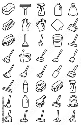 Icon pack, icon sheet, cleaning tools theme, outline version