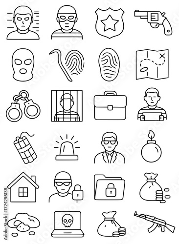Icon pack, icon sheet, crime theme, outline version