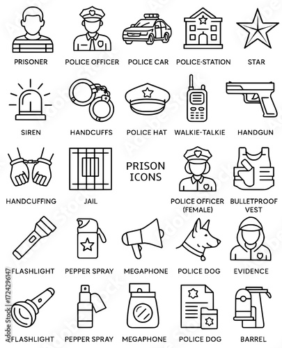 Icon pack, icon sheet, prison theme, outline version