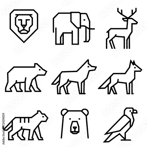 icon pack, icon sheet, wild animals theme, straight line style, outline version
