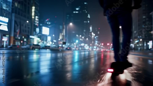 Wallpaper Mural Electric scooter ride in futuristic city at night, sparks flying from wheels offers a dynamic Torontodigital.ca