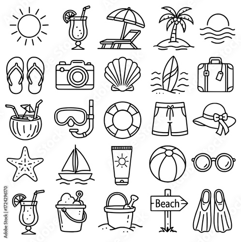 Icon pack, icon sheet, beach theme, outline version