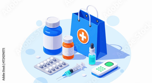 Healthcare shopping and medicine delivery vector illustration
