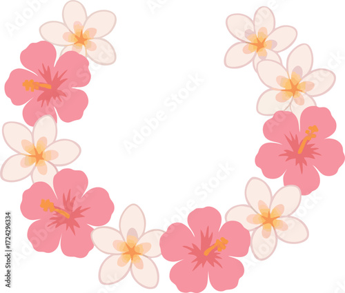 Floral lei with pink hibiscus whitepink plumeria arranged in an open semicircle isolated on a white background