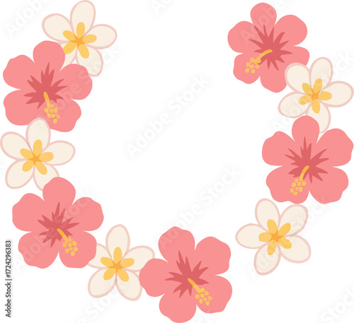 Floral lei with pink hibiscus whitepink plumeria arranged in an open semicircle isolated on a white background