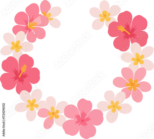Floral lei with pink hibiscus whitepink plumeria arranged in an open semicircle isolated on a white background