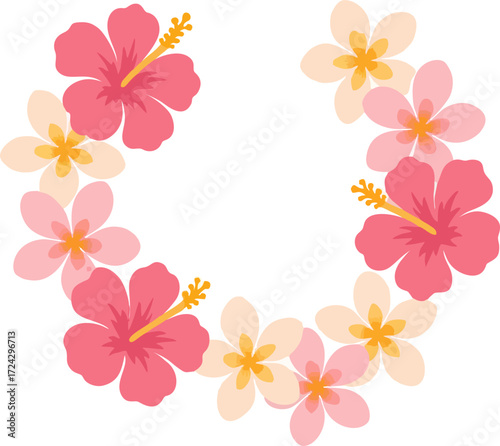 Floral lei with pink hibiscus whitepink plumeria arranged in an open semicircle isolated on a white background