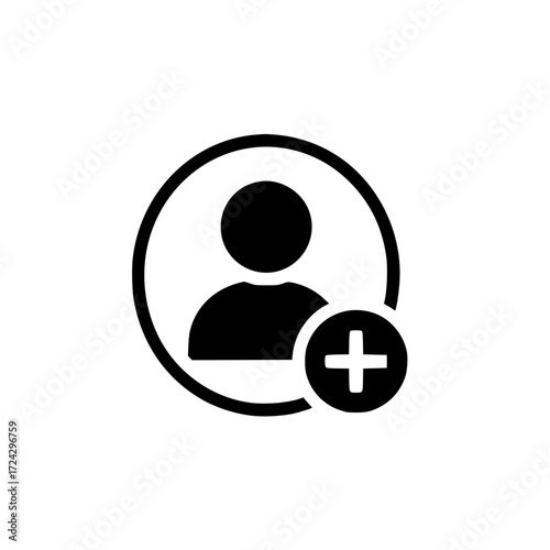 user profile symbol with plus sign isolated on white background for account and membership design.