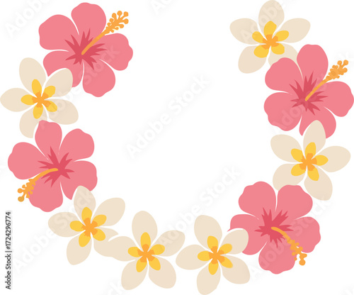 Floral lei with pink hibiscus whitepink plumeria arranged in an open semicircle isolated on a white background