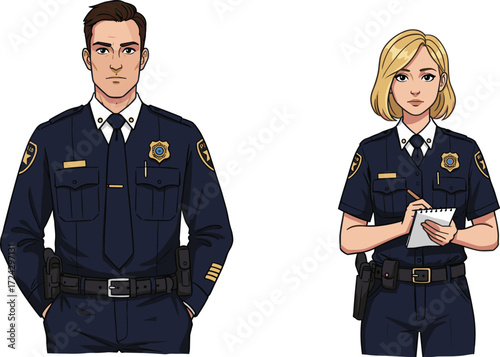 Police officer illustration, cartoon law enforcement characters, male and female cops, uniformed patrol team, professional police drawing, security concept art
