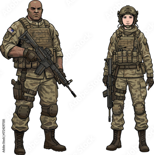 Modern military soldiers, tactical gear, camouflage uniform, combat ready, armed forces, battlefield equipment, U.S. army, rifle, helmet, teamwork