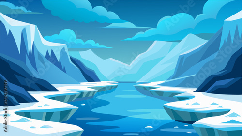 As winter takes hold the glacial fjord becomes a frozen wonderland its once turbulent waters now solid and still giving way to a surreal landscape of ice and snow.