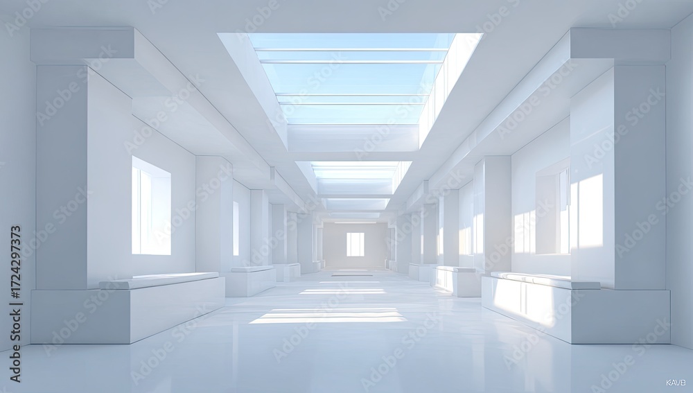Fototapeta premium Empty white hallway with skylights