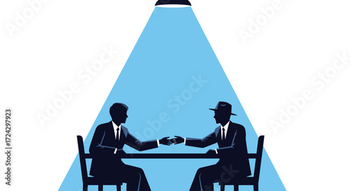 Two businessmen shaking hands under a spotlight in an illustration meeting at a table