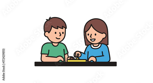 Cartoon illustration of a boy and girl playing a board game at a table together happily