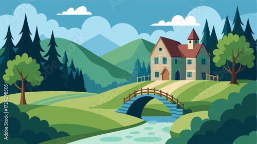 A secluded country manor nestled ast lush forests with a quaint stone bridge crossing over a bubbling stream.