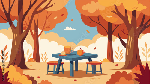 A serene picnic area tucked away beneath towering trees providing the perfect spot to enjoy a warm cup of cider while admiring the colorful foliage.