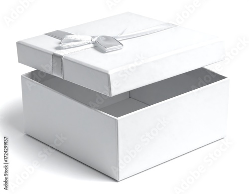 Opened white gift box with silver ribbon and bow