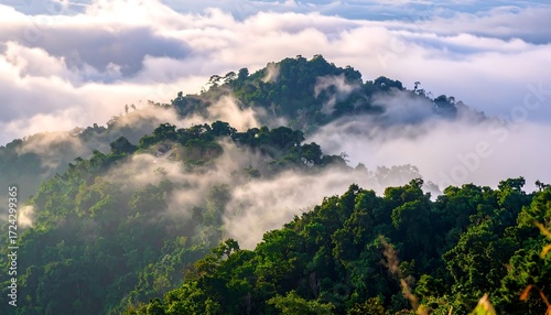 Misty mountain range shrouded in clouds