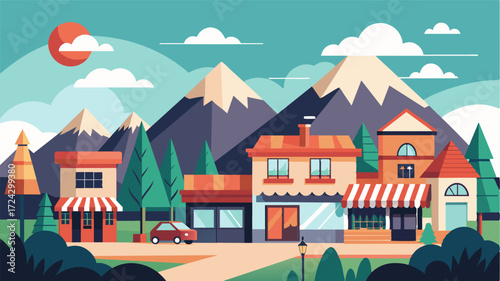 A quaint mountain town filled with charming local shops and cafes becomes a home away from home for remote workers seeking a slower pace of life.. Vector illustration