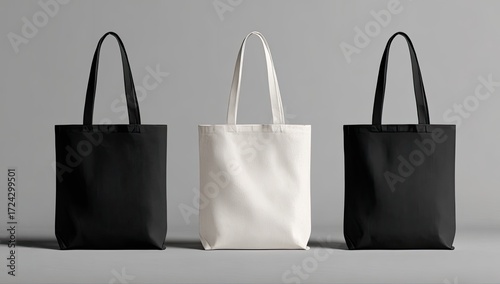 Three blank tote bags in black and white
