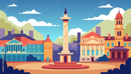 Flanked by elegant Victorian buildings this grand town square boasts a towering marble column memorializing a significant moment in history.