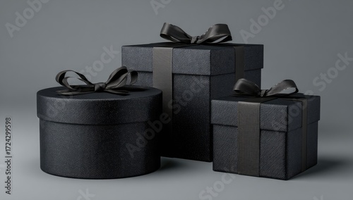 Three black gift boxes on a gray background