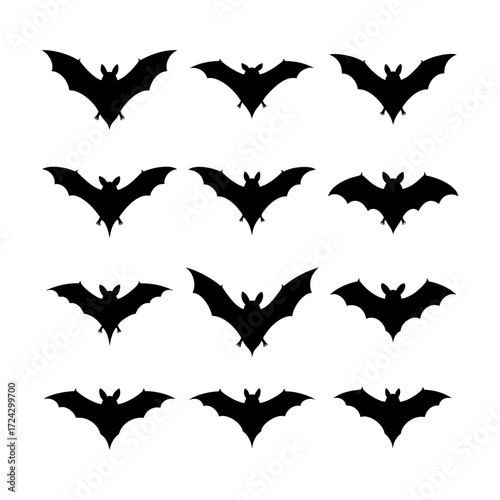Black Silhouette Bat Icons in Flight with Varied Wing Positions, Ideal for Halloween and Wildlife Designs