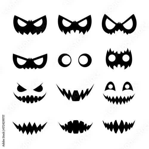 Assortment of Spooky Eye and Mouth Silhouettes for Creating Halloween Monster and Jack-o'-Lantern Faces