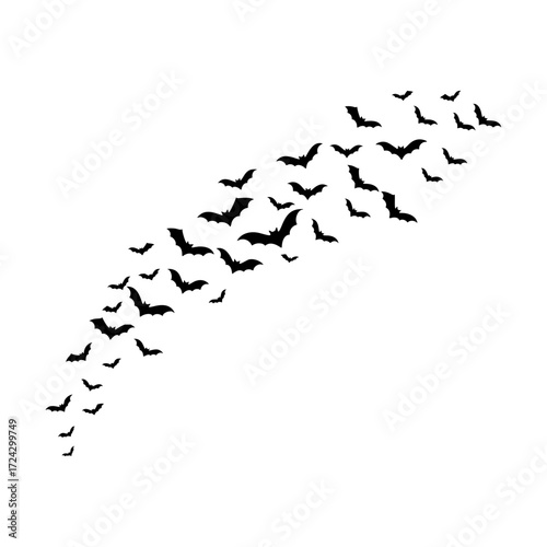 Swarm of Bats Flying in a Diagonal Formation, Black Silhouettes on a White Background, Evoking a Halloween or Nocturnal Scene
