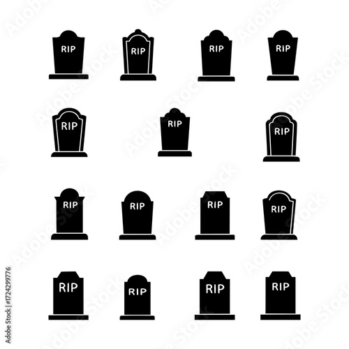 Collection of Black Silhouette Tombstone Icons with "RIP" Marking in Assorted Shapes and Sizes for Cemetery or Halloween Graphics