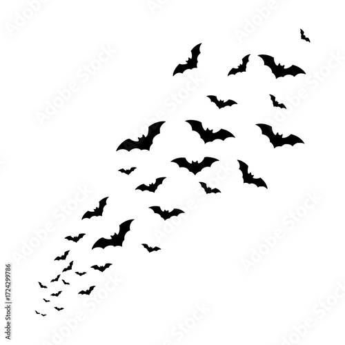 Swarm of Bats Flying in a Diagonal Formation, Black Silhouettes on a White Background, Evoking a Halloween or Nocturnal Scene
