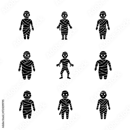 Collection of Black Silhouette Mummy Figures with Different Bandage Wrapping Styles and Poses, Classic Halloween Monsters