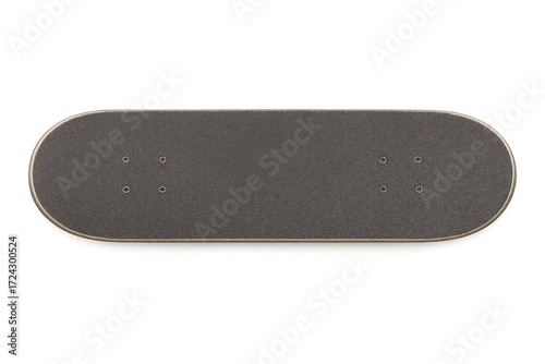 Skateboard deck with black grip tape on transparent background