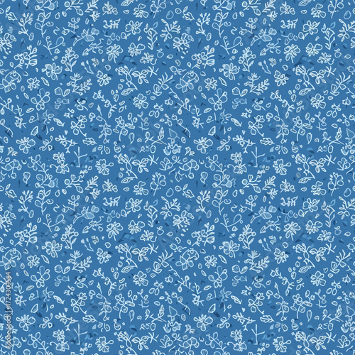 Classic Ditsy Floral Seamless Pattern on Blue Background.