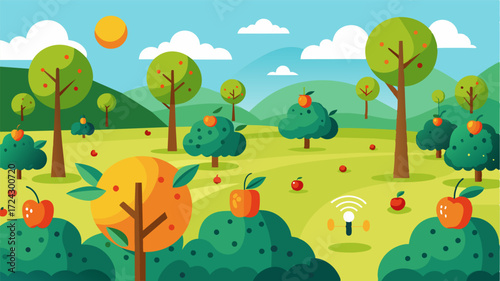 A field of fruit trees is protected by an IoTbased pest repellent system using pheromones to disrupt insect patterns.. Vector illustration