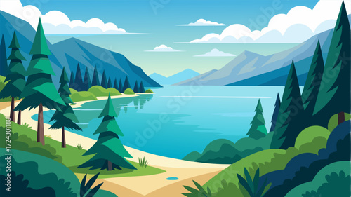 A tranquil bay with crystal clear waters framed by a lush forest of pine and olive trees.