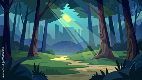 A tranquil oasis in the midst of the dark forest where the suns rays filter through the canopy and illuminate the forest floor.