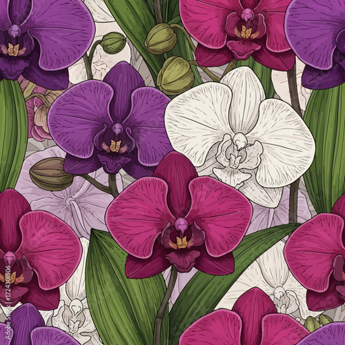 Seamless pattern of purple magenta and white orchid flowers with green leaves.
