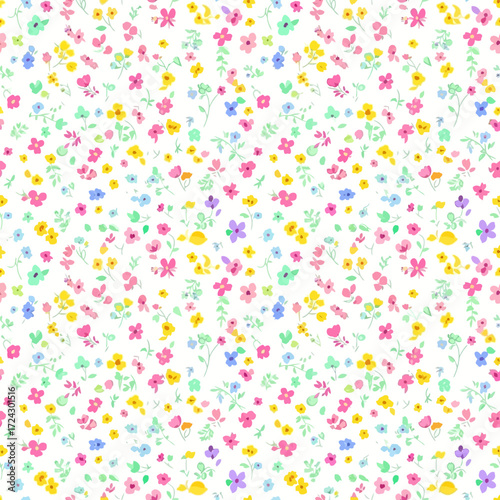 Seamless pattern of tiny colorful ditsy flowers on a white background.