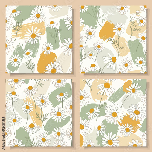 Set of four seamless daisy floral patterns with abstract brush strokes.