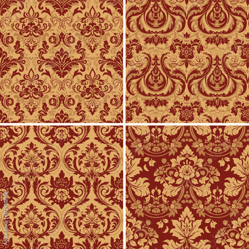 Set of Four Seamless Red and Gold Damask Patterns with Vintage Ornaments.