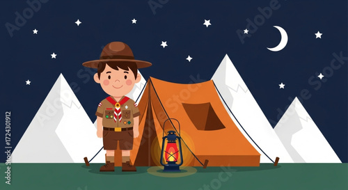 World Scout Day Young Boy Scout enjoys a serene night camping adventure under a starry sky with majestic mountains and a cozy tent, illuminated by a warm lantern light