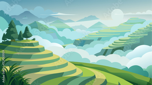 Foggy mornings lend an ethereal quality to the rice terraces as if they were floating in the clouds.