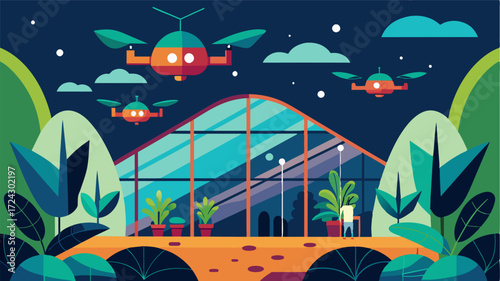 A futuristic greenhouse with drones programmed to pollinate plants and improve crop yields.. Vector illustration