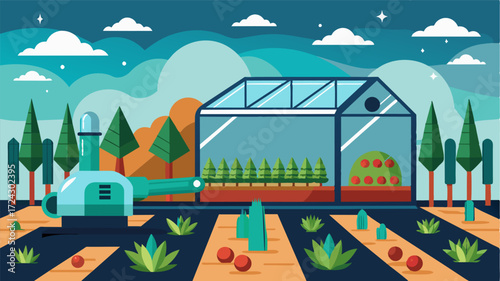 A futuristic greenhouse with a fully automated fertilizer system making it possible for crops to be grown and harvested without human intervention.. Vector illustration