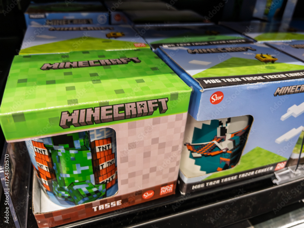 Obraz premium Minecraft Themed Coffee Mugs Displayed in Store