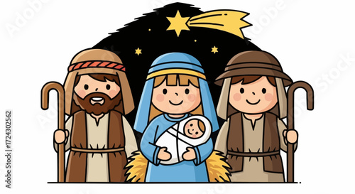 Christmas vector 2025 cartoon nativity scene christmas illustration with mary joseph and baby jesus holiday vector drawing art
